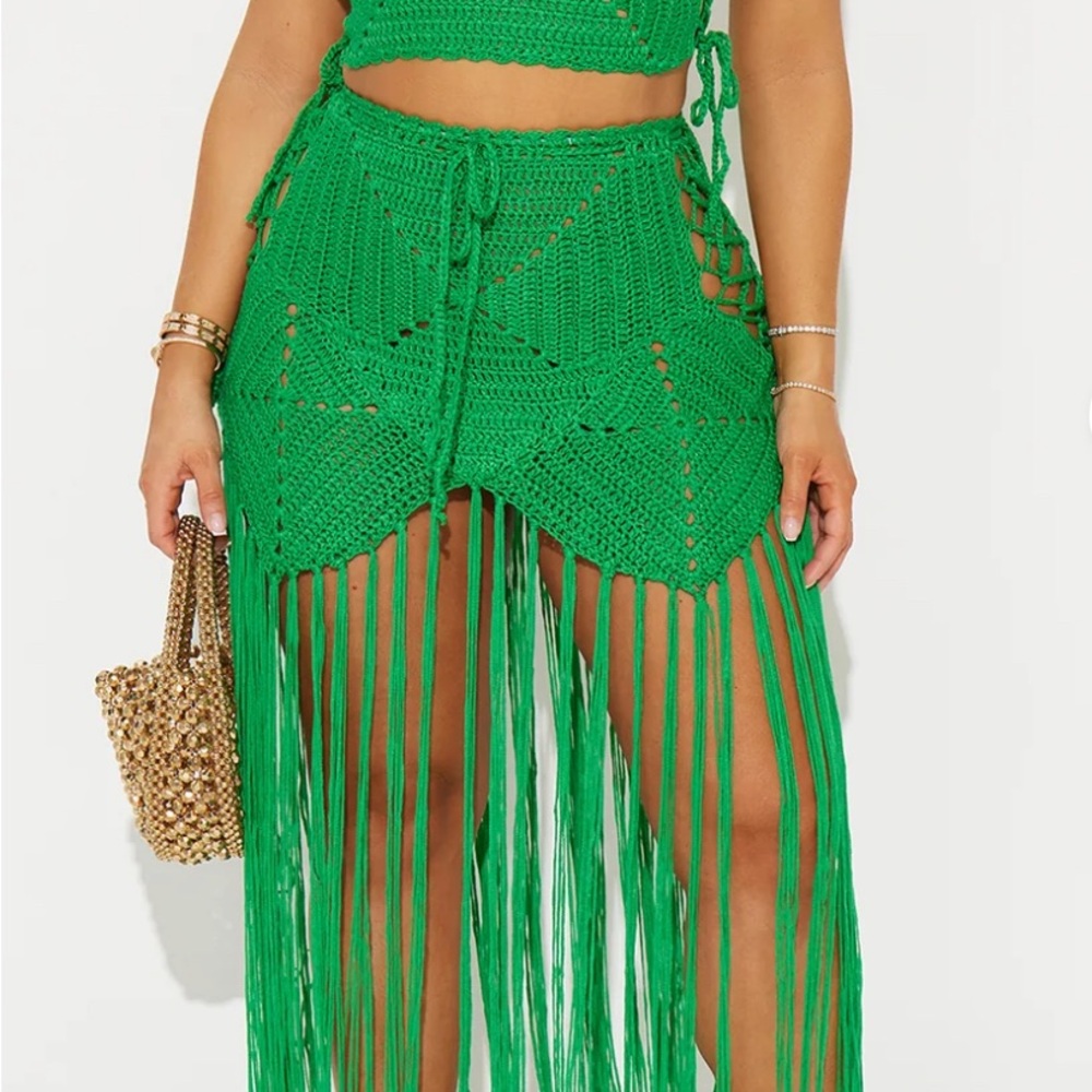 Green Crochet Fringe Skirt - Small